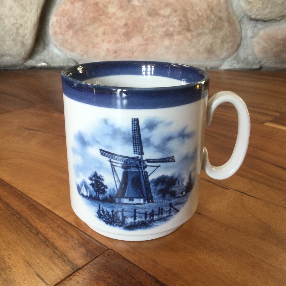 Vintage Delft Coffee Cup Blue Windmill Dutch Flower Hand Painted
